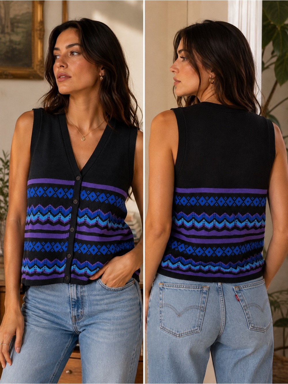 Vintage Cape Cod Sportswear Button Up Sweater Vest Geometric Zigzag Stripes Sm
